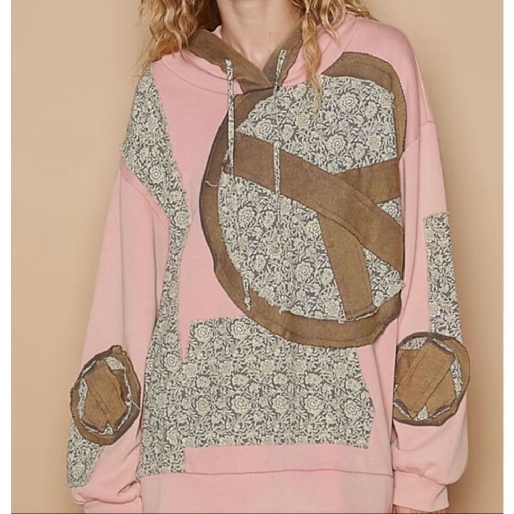 POL Peace Patched Hooded Top in Pink and Brown Size S
